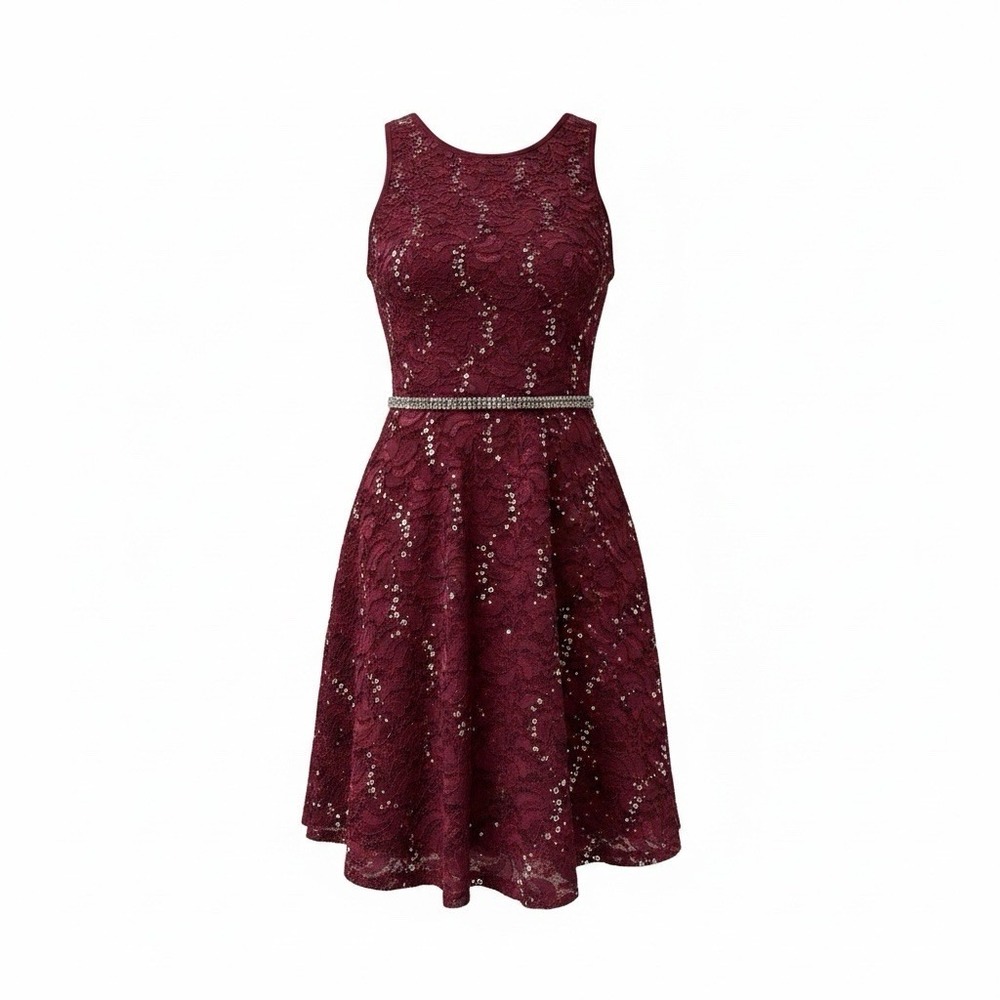 My-michelle Lace Dress Women/Junior Sz 3 Burgundy Sequined Decorated Ribbon Belt